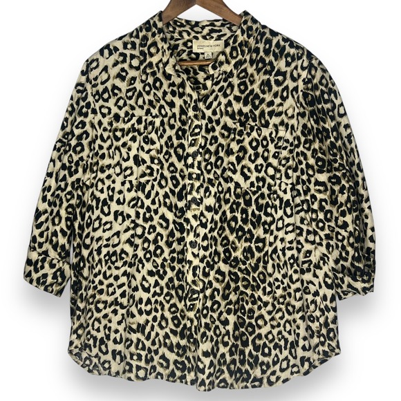 Jones New York Sport 100% Linen Leopard Print‎ Neutral Button Up Shirt Top XL - Picture 1 of 15